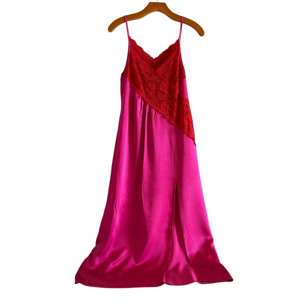 Topshop Hot Pink Satin Red Lace Maxi Nightgown Slip Dress Side Slit Fuchsia SZ 6 - Picture 2 of 13